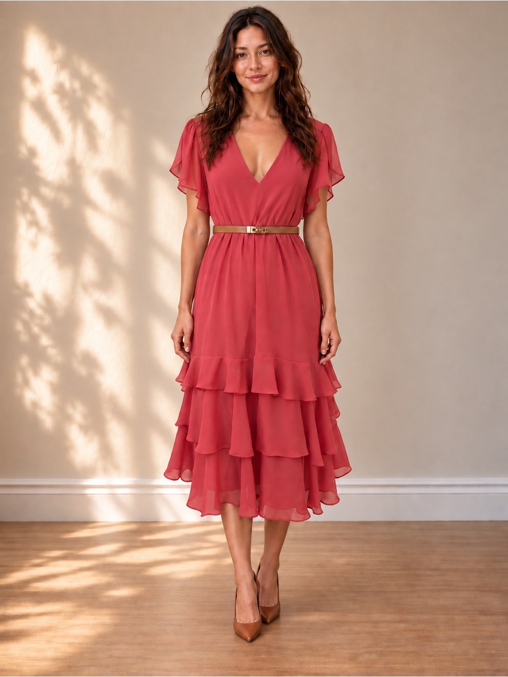 Lauren Ralph Lauren Pink Georgette Tiered Ruffle Midi Dress Size 10